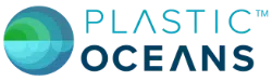 Logo von Plastic Oceans, mit einem stilisierten blauen und grünen Kreis, der an die Erde erinnert, neben den Worten „Plastic Oceans“ in dunkelblauer Großschrift, das das Bewusstsein für den Meeresschutz während Segelreisen fördert
