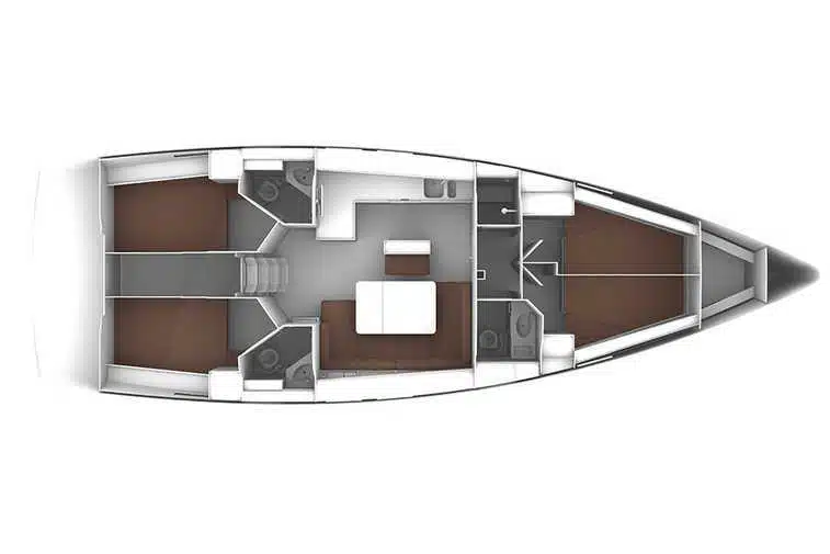 Draufsicht auf das Layout eines Segelurlaub-Boots, das einen detaillierten Deckplan mit Wohnbereichen, einschließlich Sitzbereichen und Zimmern, in Graustufen zeigt.