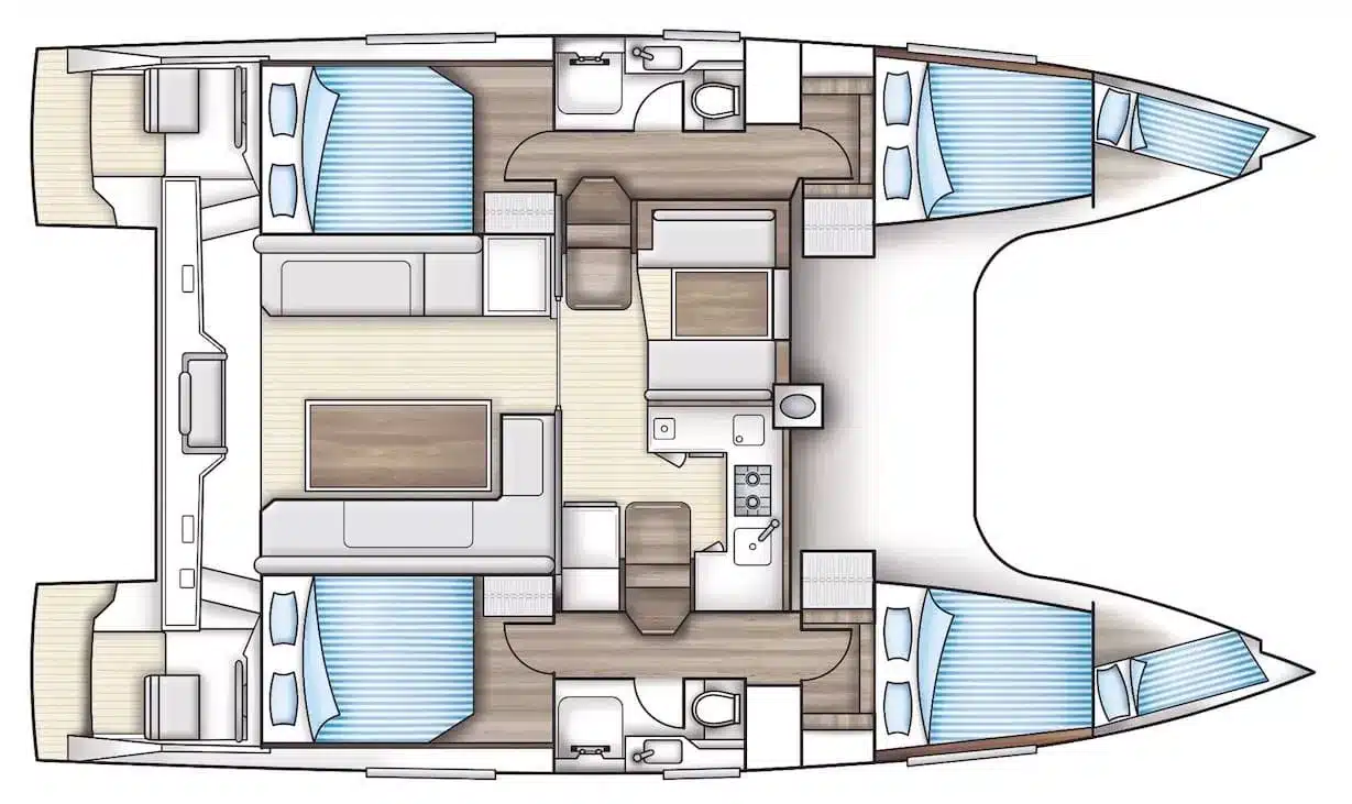 Draufsicht auf den Grundriss einer Segelyacht, die die detaillierte Anordnung der Kabinen, Badezimmer, Küche und Wohnräume innerhalb der Rumpfstruktur zeigt.