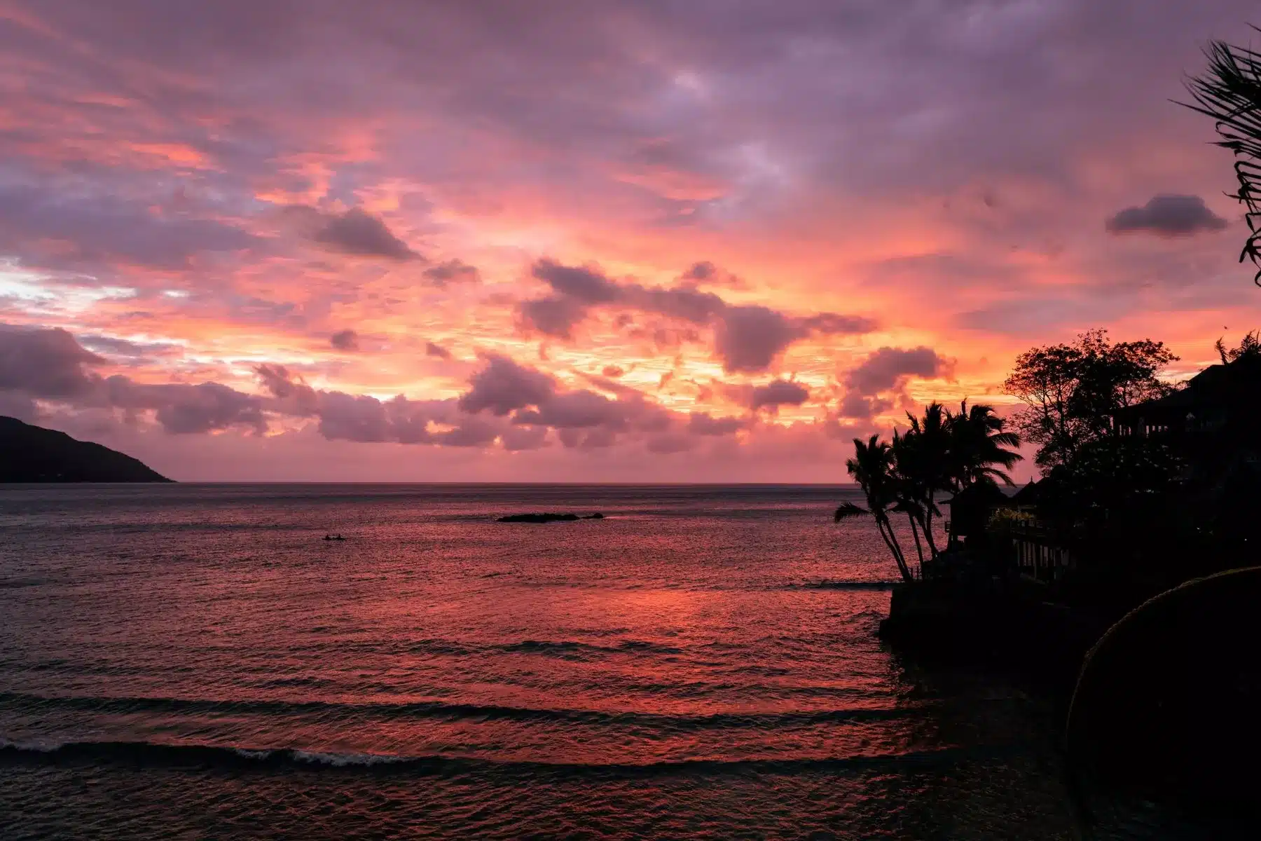 Ein leuchtender Sonnenuntergang mit tiefen Rosa- und Orangetönen, die sich im Meer spiegeln, betrachtet von einer tropischen Küste mit Palmen- und Hügelsilhouetten während eines Segeltörns.
