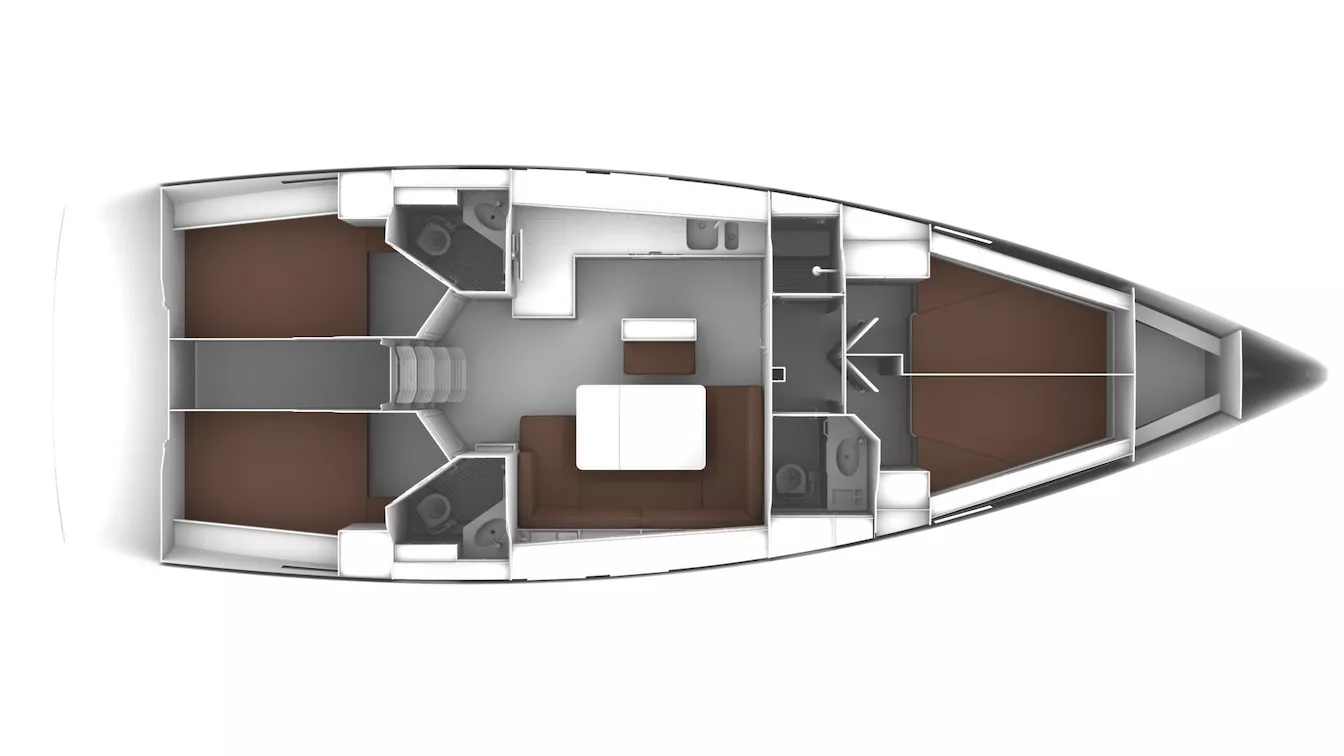 Draufsicht auf den Grundriss einer Segelyacht mit verschiedenen Abteilen, darunter Kabinen, Sitzbereiche und ein zentraler Laufsteg, alles dargestellt in einer 3D-Illustration in Graustufen.