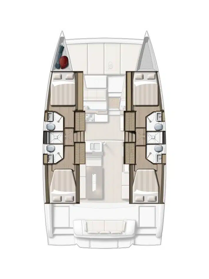 Ein schematischer Grundriss des Youngline Katamarans. Das Bild zeigt die Innenstruktur, darunter vier Kabinen mit jeweils einem Doppelbett und angrenzendem Badezimmer. Es gibt einen zentralen Wohnbereich mit Küche und Sofa. Stufen ermöglichen den Zugang zwischen den verschiedenen Ebenen des Bootes, perfekt für Ihren nächsten Segeltörn.