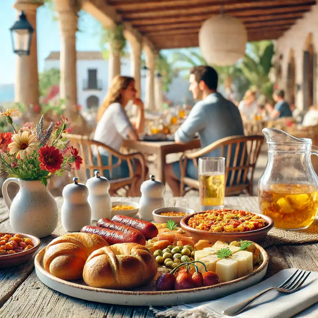 In einem lebhaften Freiluftrestaurant steht an einem Tisch ein herzhaftes Frühstück mit Brötchen, Wurst, Käse, Oliven und Kirschtomaten. Auf dem Tisch stehen auch ein Krug Saft und ein Blumenstrauß. Im Hintergrund genießt ein frisch von der Atlantiküberquerung zurückgekommenes Paar an einem anderen Tisch eine Mahlzeit.